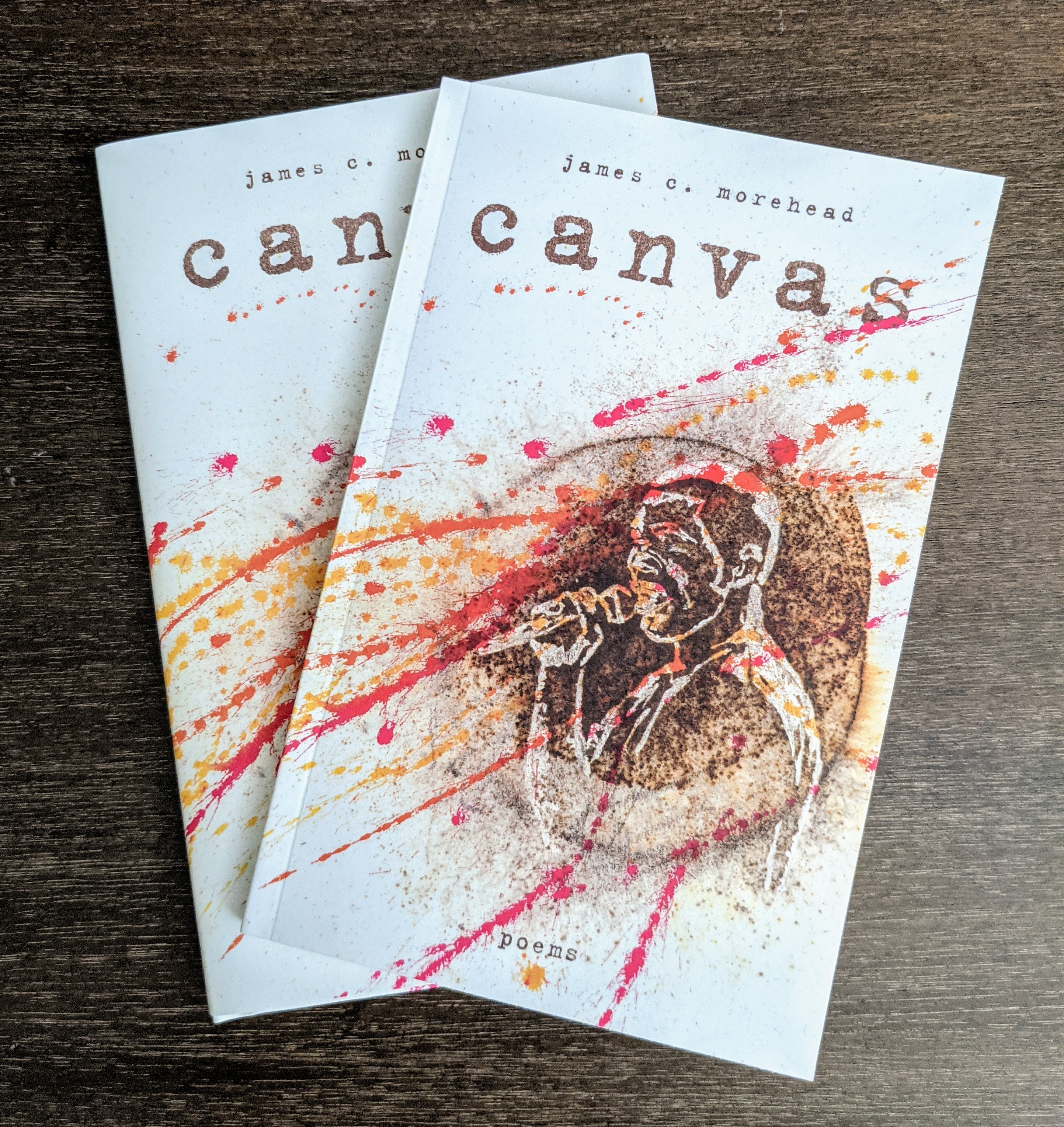 Photograph of paperback and hardcover editions of "canvas" by James Morehead
